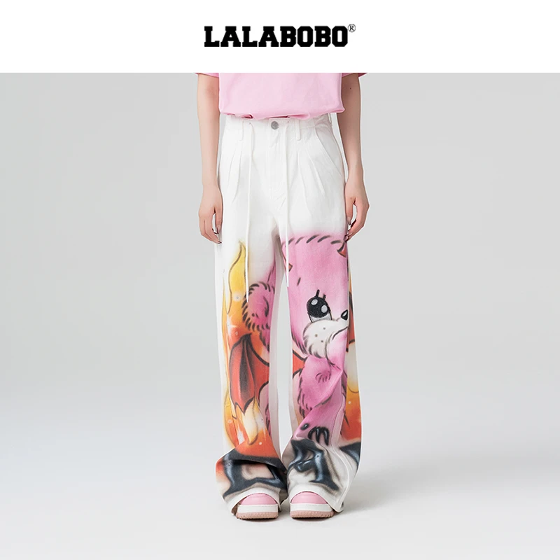 LALABOBO2025新款时尚显瘦印花休闲宽松百搭牛仔长裤LBEA-WXZC12