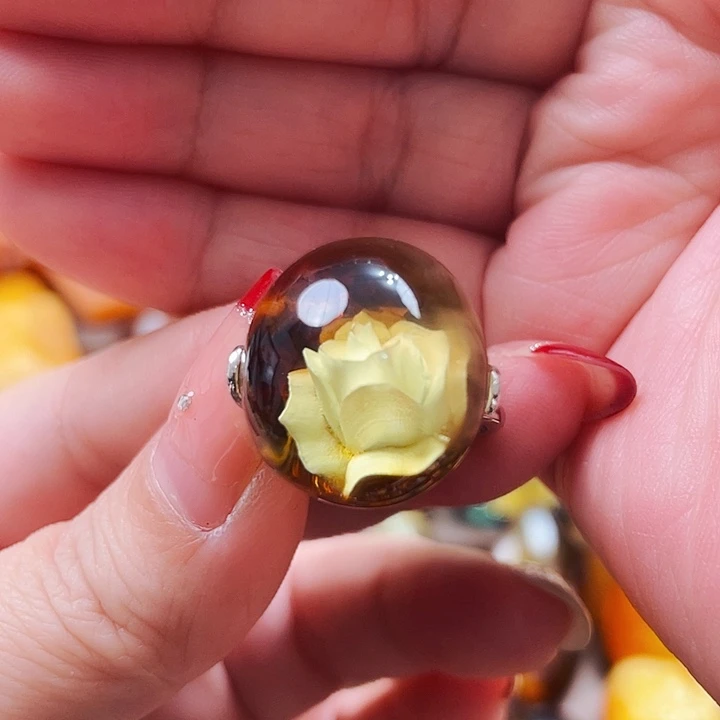 琥珀戒指银S925镶嵌戒指