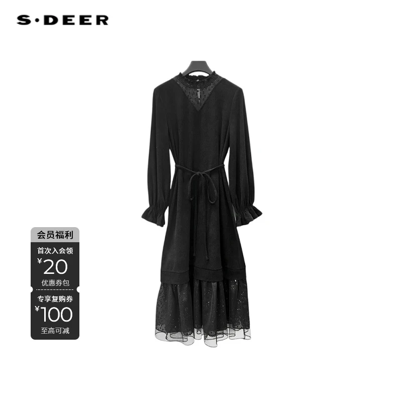 S·DEER圣迪奥冬季新款法式高端气质黑色时尚女装连衣裙S244Z12A2