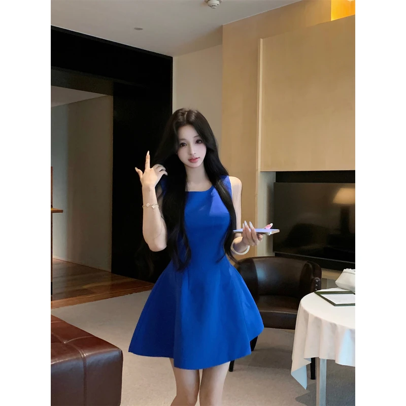 法式御姐气质收腰蓝色无袖连衣裙女夏季高级感裙生日小礼服a字裙