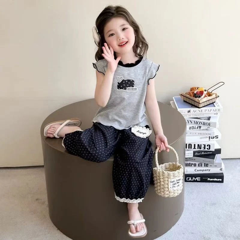 女童夏装木耳边背心套装2025新款儿童夏季韩系无袖防蚊裤宝宝衣服