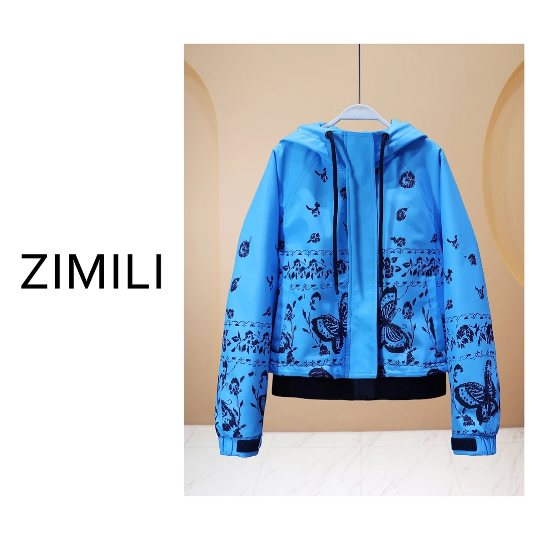 【LIANG哥女装】2025欧货休闲荧光蓝蝴蝶水墨印连帽外套6203