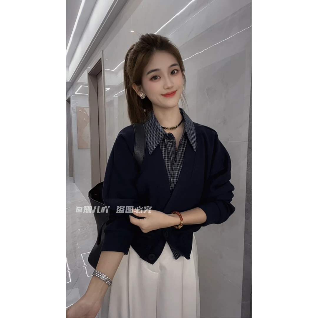 假两件长袖衬衫女士春秋2025欧货新款时尚洋气衬衣小个子休闲上衣