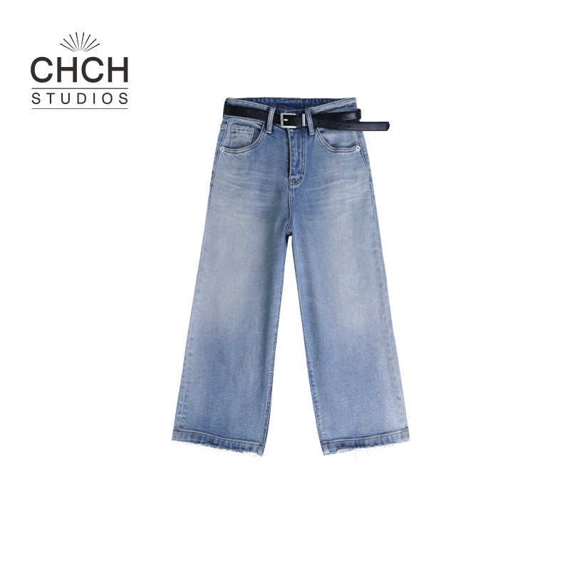 RAQCK22520春季女装新品高腰洋气无弹小个子休闲裤七分牛仔阔腿裤