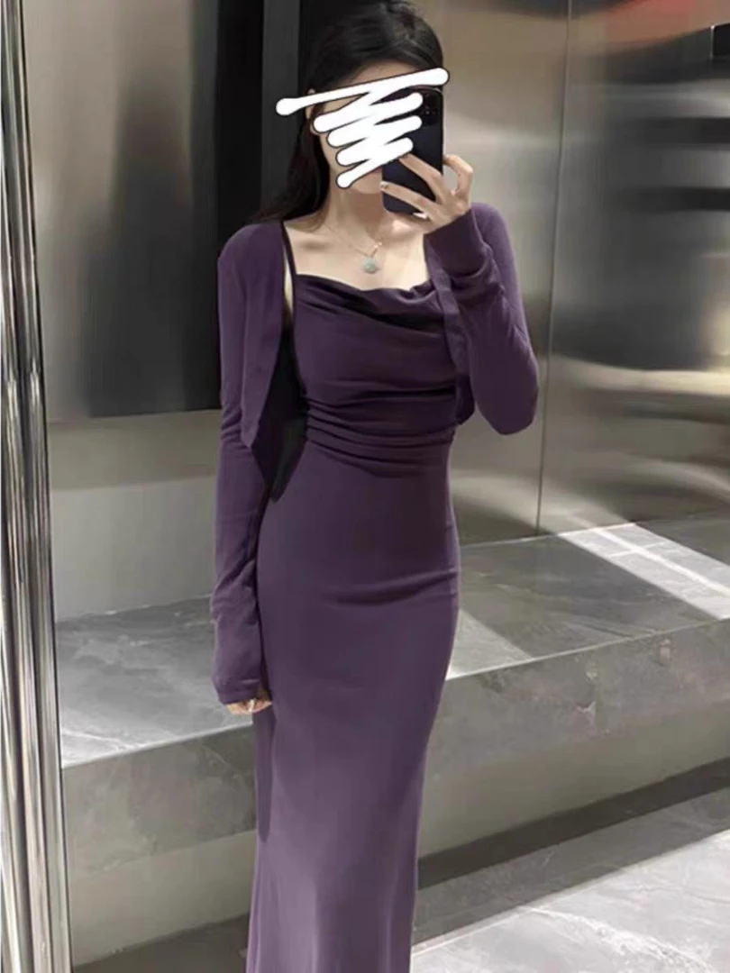 两件套装吊带连衣裙女秋装修身显瘦气质今年流行超好看包臀长裙子