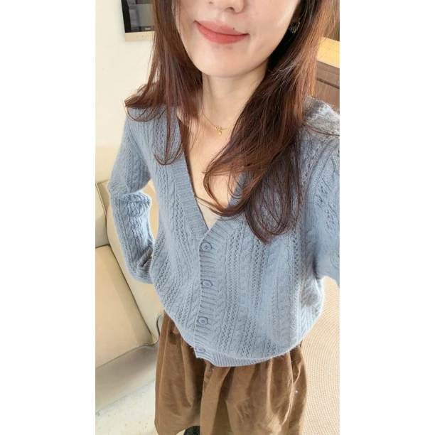 #5033 浣熊麻花秋冬新款宽松长袖V领针织开衫女显瘦百搭上衣