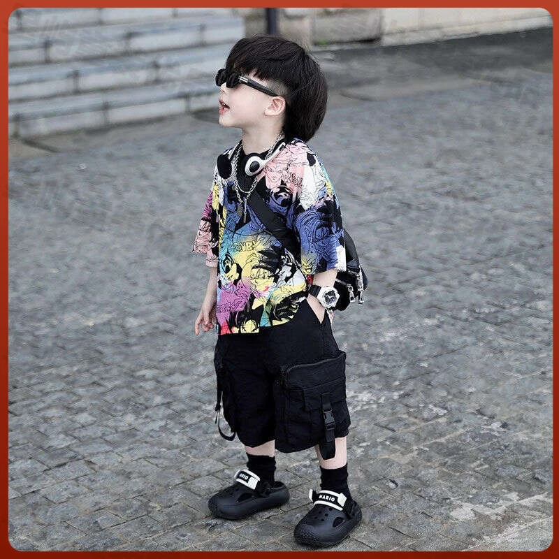 童装2025夏季新款韩版彩色七龙珠印花扎染短袖爆款时尚炸街两件套