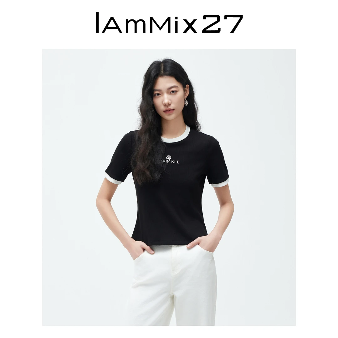 Iammix27短袖圆领T恤女短款简约百搭字母印花体恤衫上衣Z5B8005