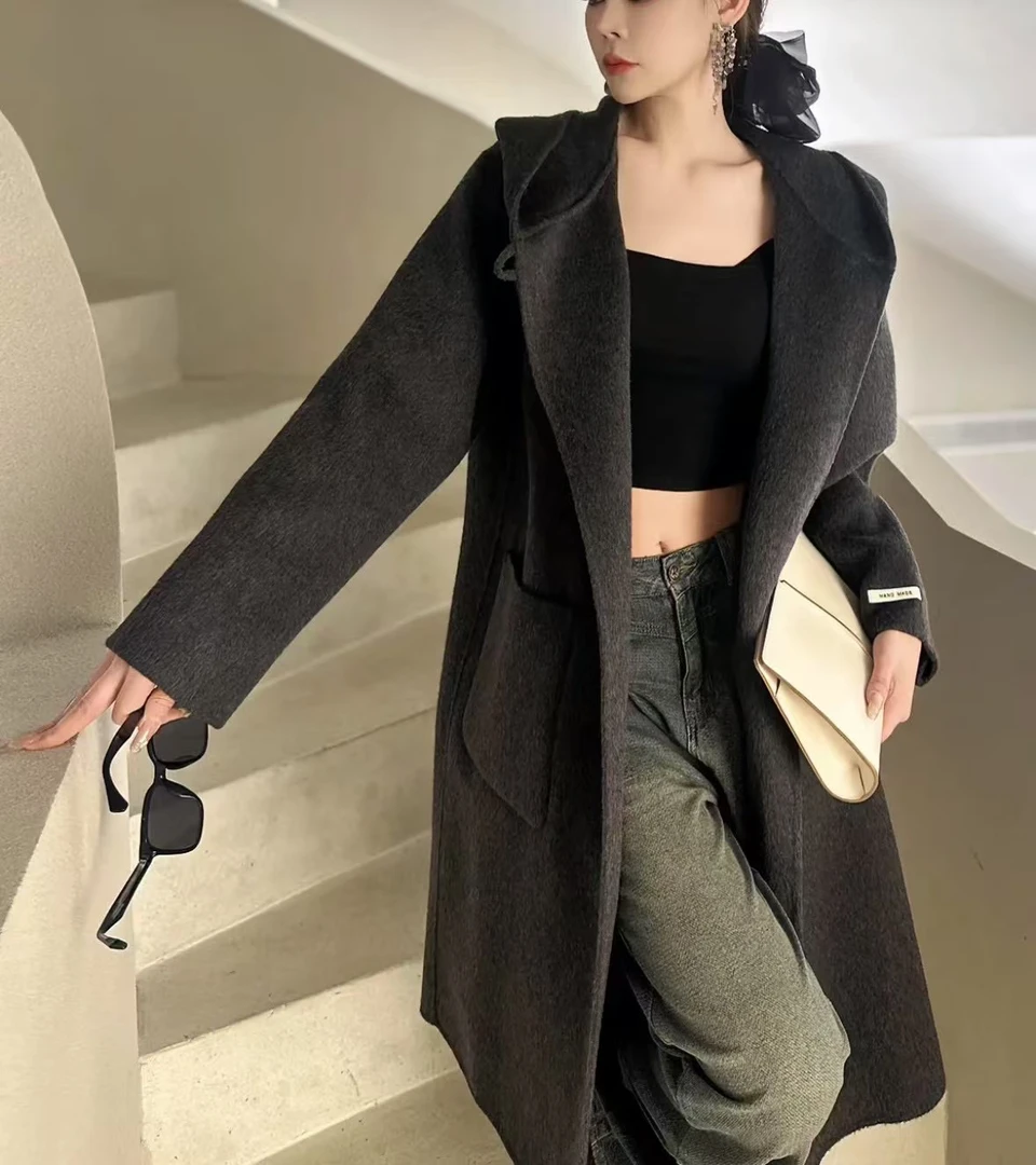慵懒风连帽双面大衣长款显瘦气质毛呢外套
