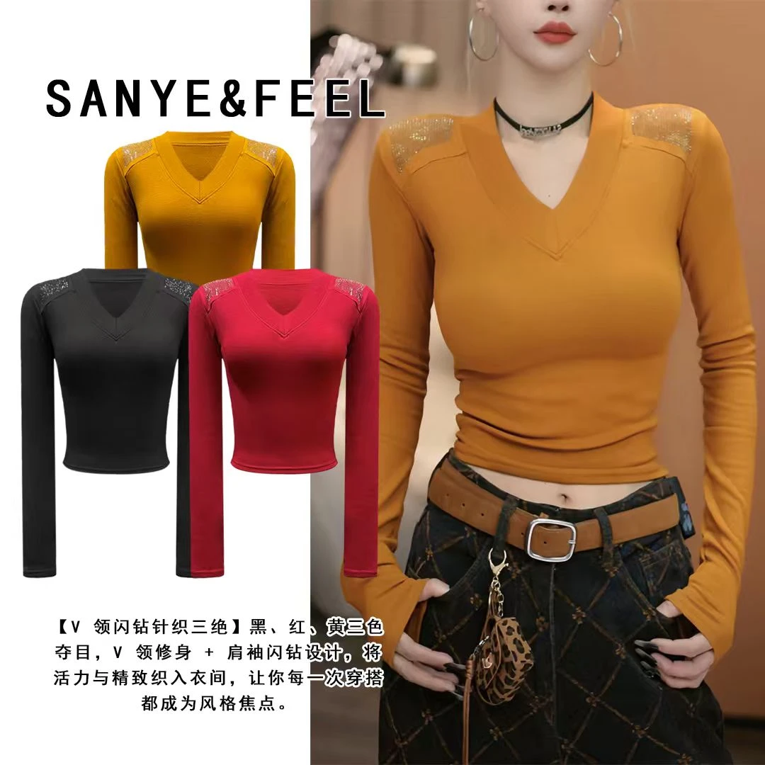 sanye&feel/妍三也【闪亮亮片】加绒双肩v领修身显瘦上衣540120YX