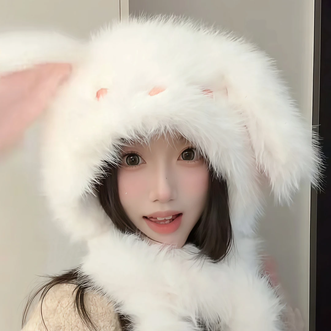 【耳朵会动哎】长耳兔毛绒帽可爱卡通大头围显脸小加厚保暖新款MMM
