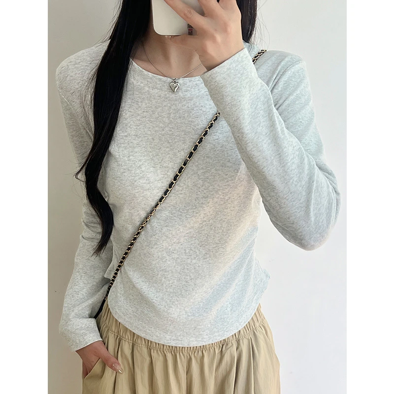 女秋冬季新款打底衫内搭修身显瘦长袖上衣圆领正肩T恤t恤纯色秋季