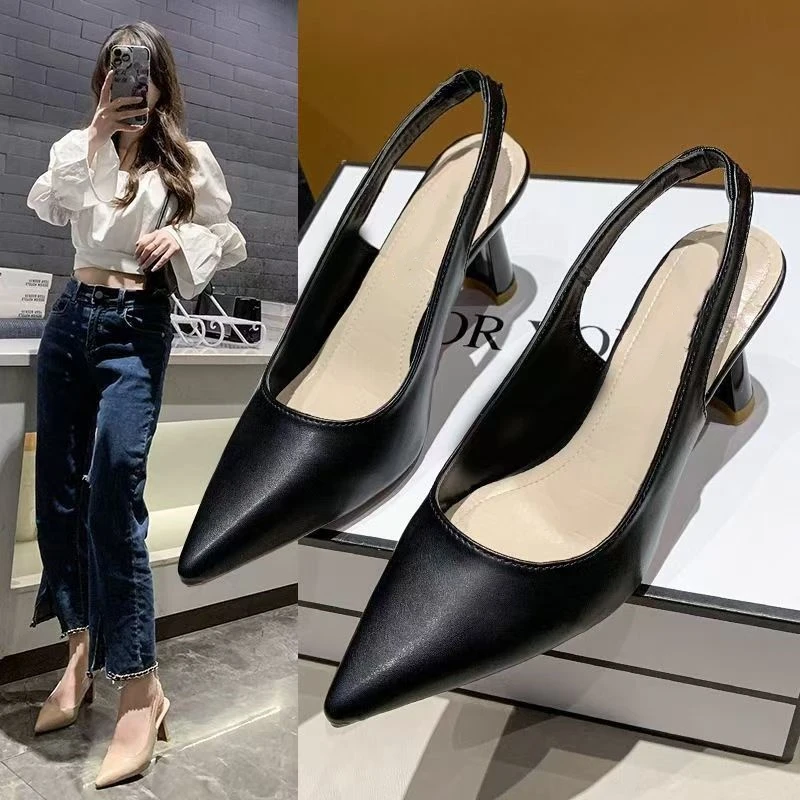 2025年夏季新款尖头高跟鞋女细跟包头凉鞋后空凉鞋浅口气质单鞋女