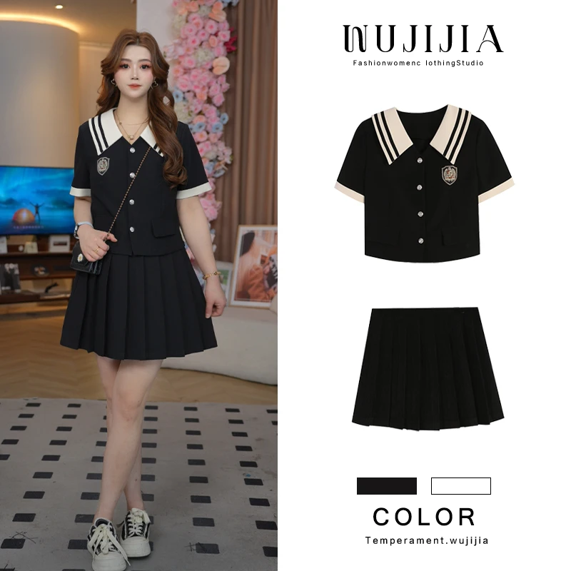 五季家气质大码女装夏季套装显瘦黑色上衣+百褶裙两件套ZL106767