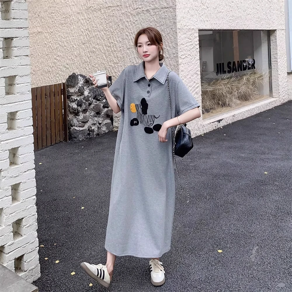 灰色夏季上新polo领卫衣连衣裙女2025新款慵懒风高级感T恤裙