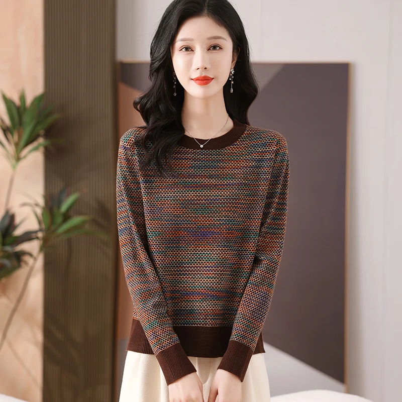 [sy2]时尚圆领拼色毛衣女2025年新款春秋针织衫气质减龄打底衫