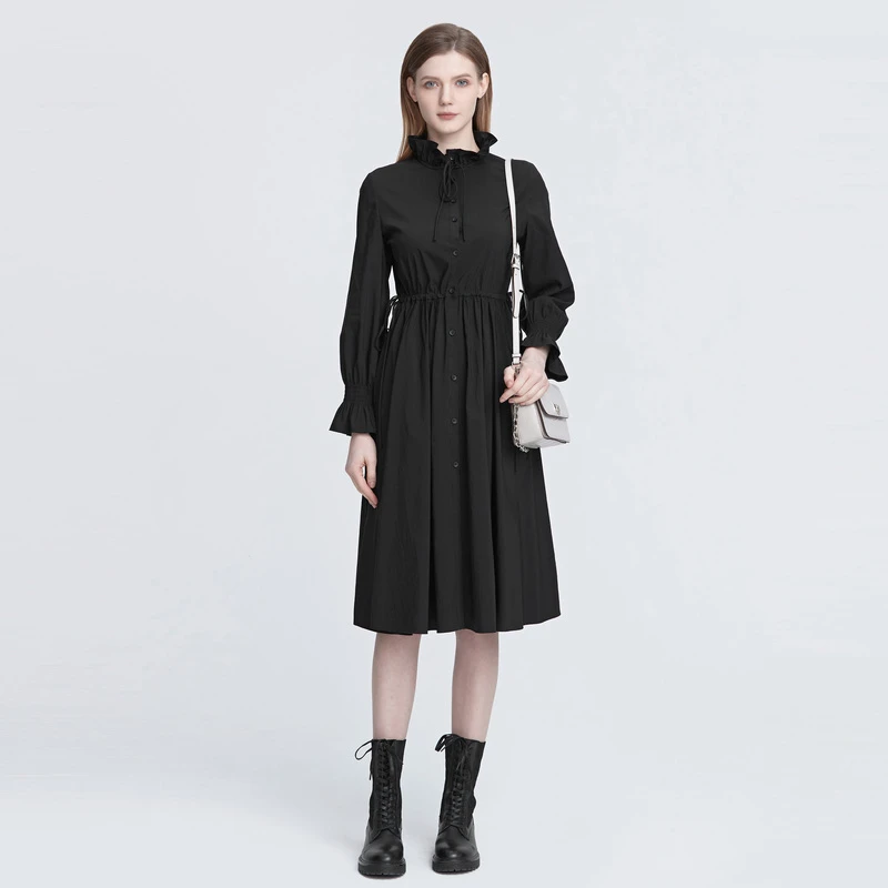 S·DEER圣迪奥木耳边系带收腰喇叭袖不规则春季连衣裙S22181203