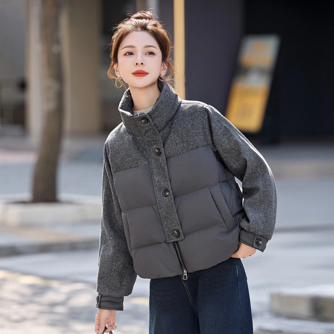 设计感立领拼接短款羽绒服外套新款女士冬季加厚保暖时尚洋气上衣