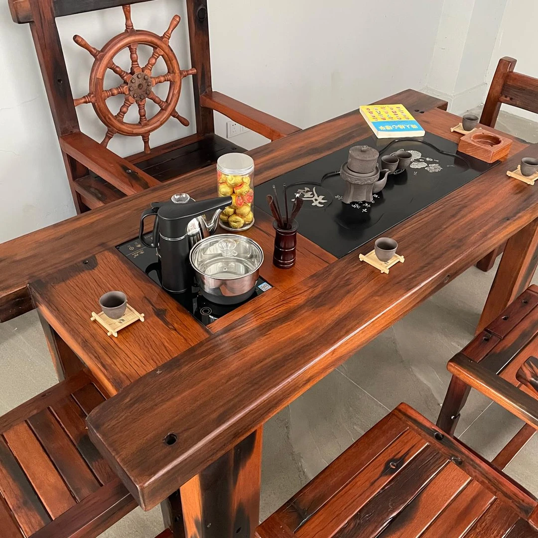 全老料老船木茶桌椅组合一桌五椅小茶台实木功夫泡茶桌茶几办公室