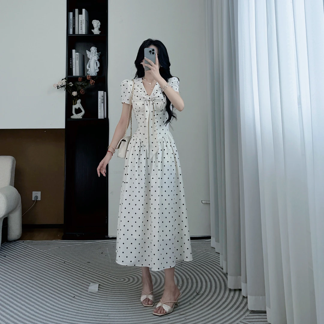 小八定制夏季青苍风格衣服纯欲风显瘦波点收腰连衣裙 10472 LQC