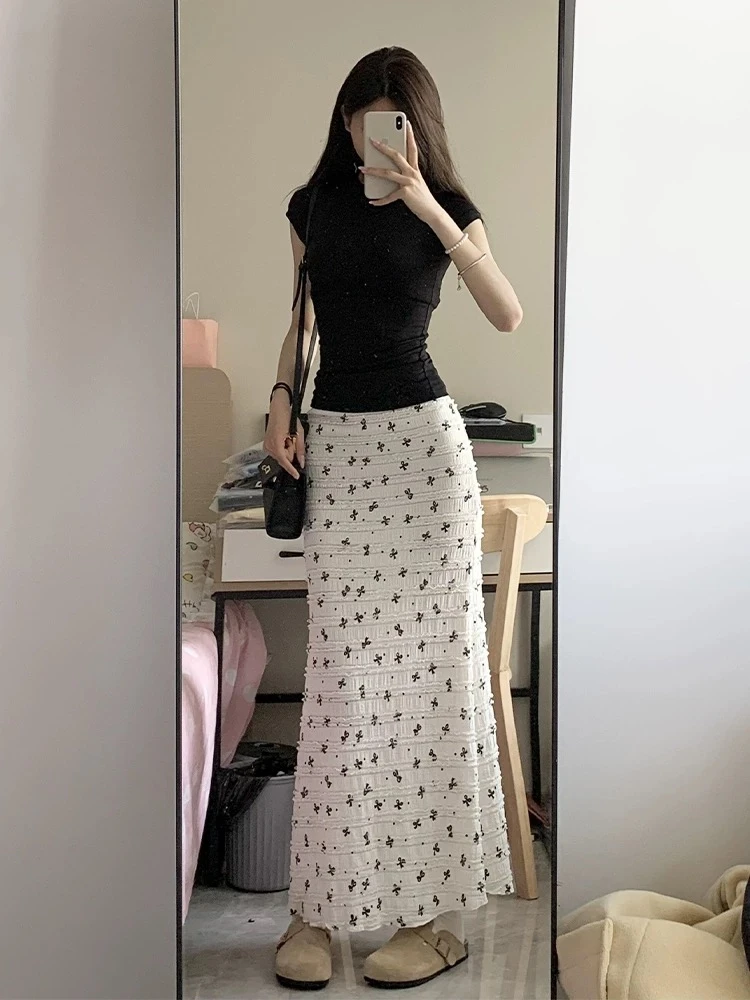 小个子蝴蝶结印花蕾丝碎花半身裙女2025春夏包臀中长款鱼尾裙套装