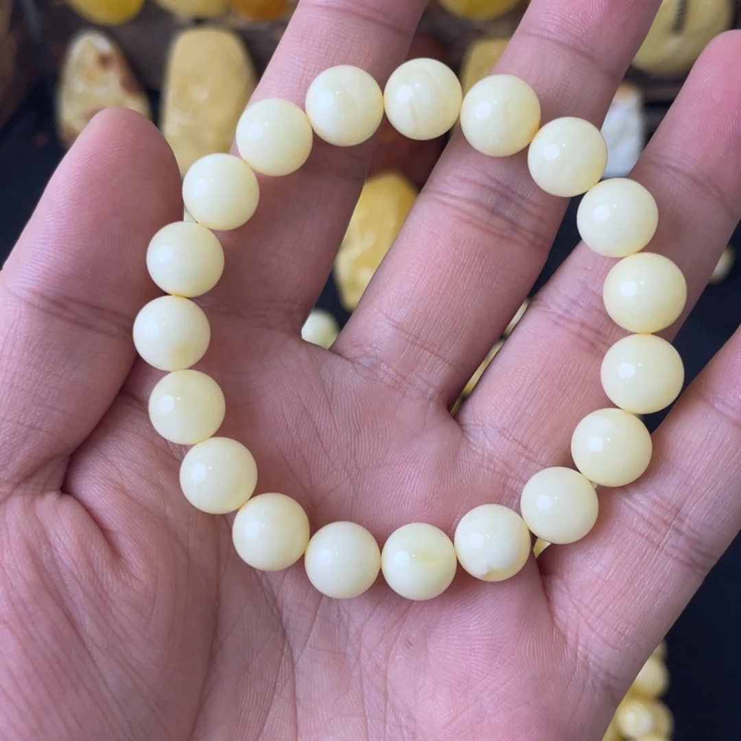 哈***旭琥珀未镶嵌手串10+俄料奶白圆珠手串