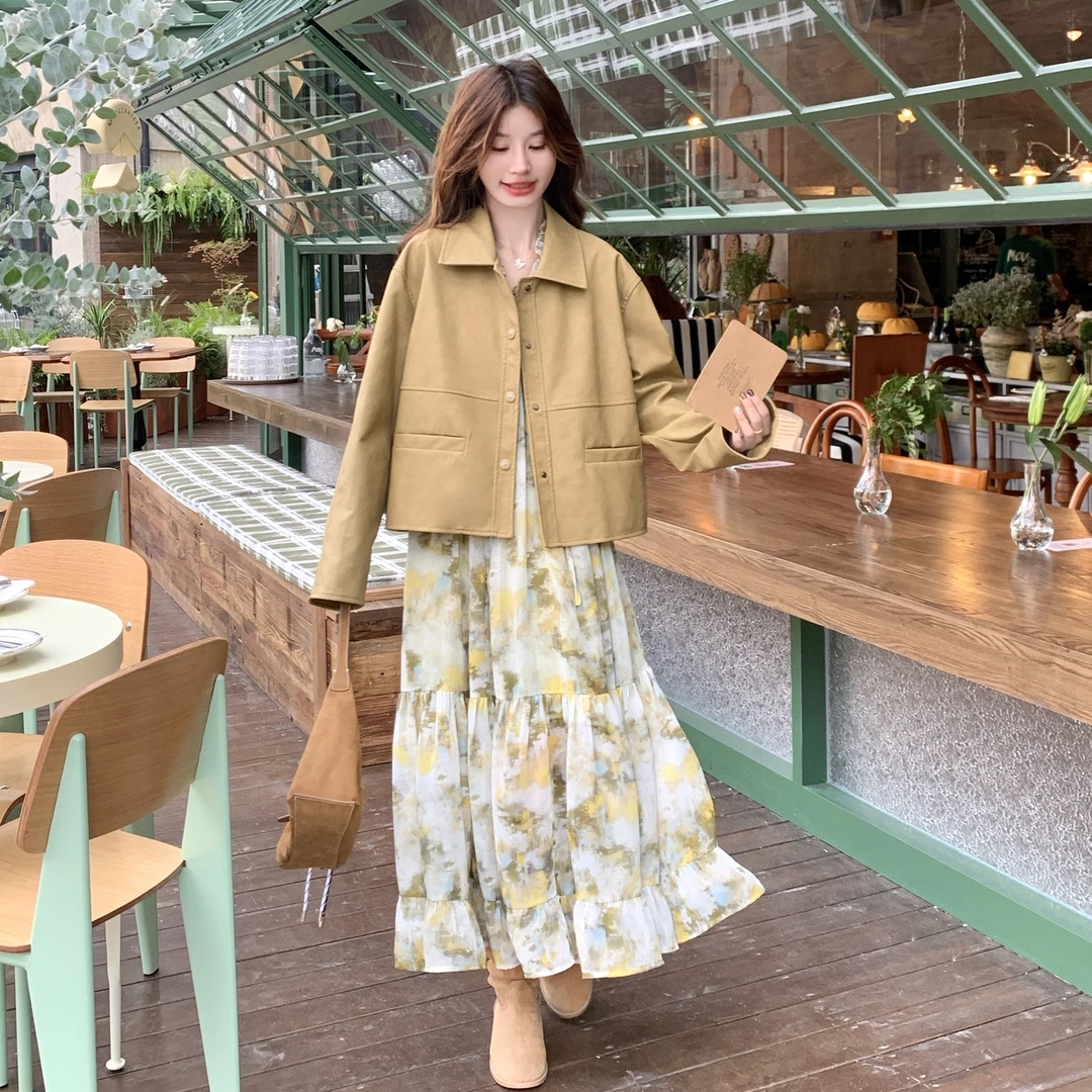 韩系氛围感碎花连衣裙女2025春秋新款小个子休闲短外套套装两件套