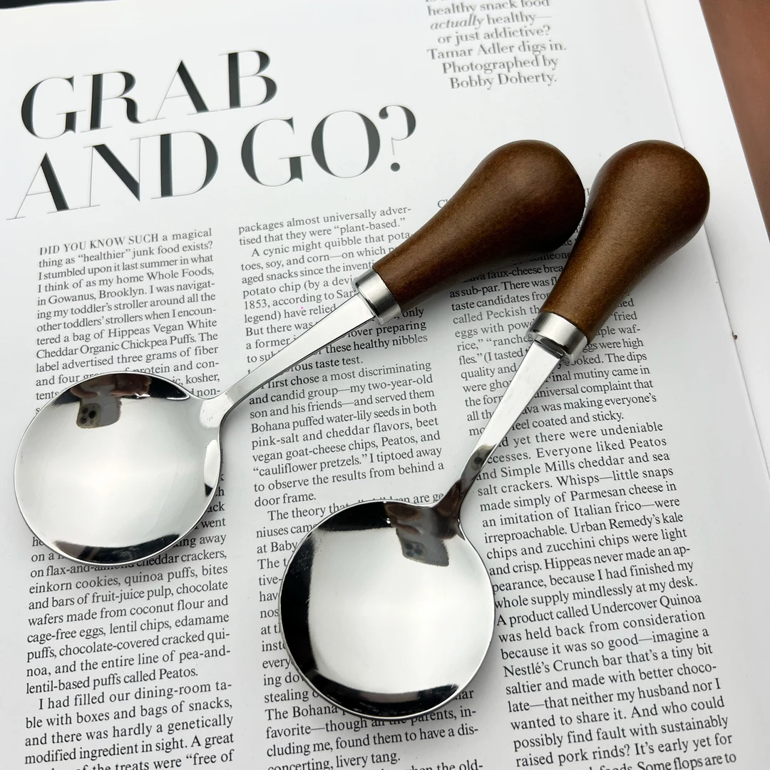 【2支】胡桃木手柄不锈钢勺子加厚镜面抛光餐具西瓜勺甜品勺吃饭勺