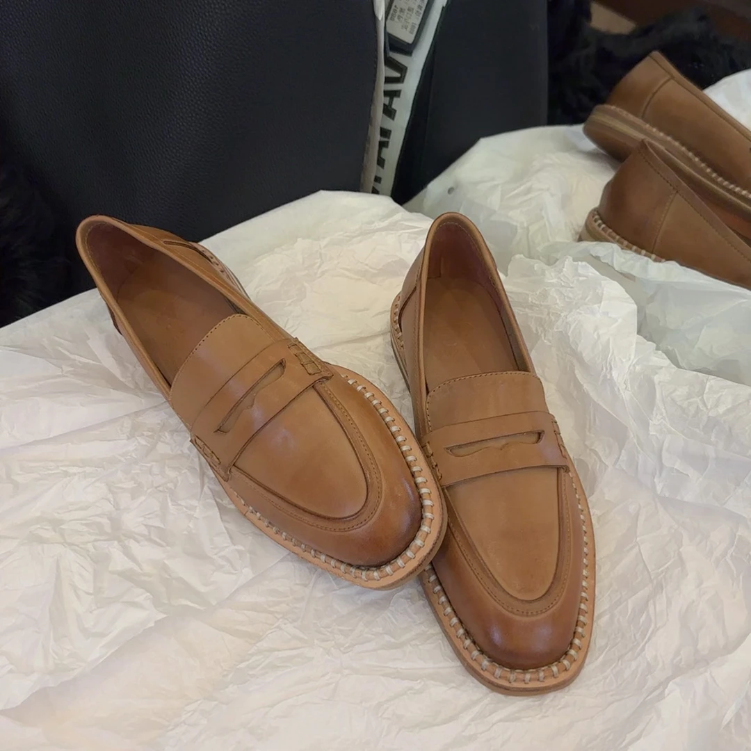 【王二今】牛皮/2CM/手工擦色老钱风日常通勤英伦风乐福小皮单鞋女