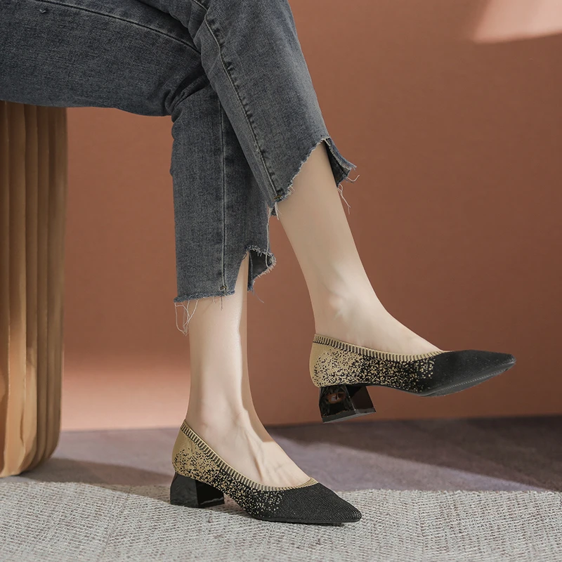 女士编织王妃高跟粗跟单鞋新款尖头浅口拼色渐变优雅高跟粗跟单鞋