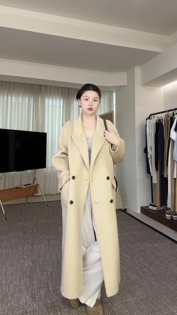 【大码正肩袖无垫肩巨显瘦】加厚高奢面料超长绵羊毛大衣25017