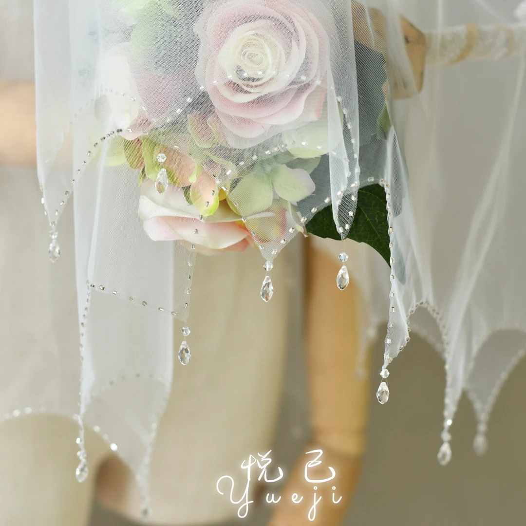 悦己求婚水晶流苏波浪边婚纱头纱网红时尚薄纱新娘领证头饰218