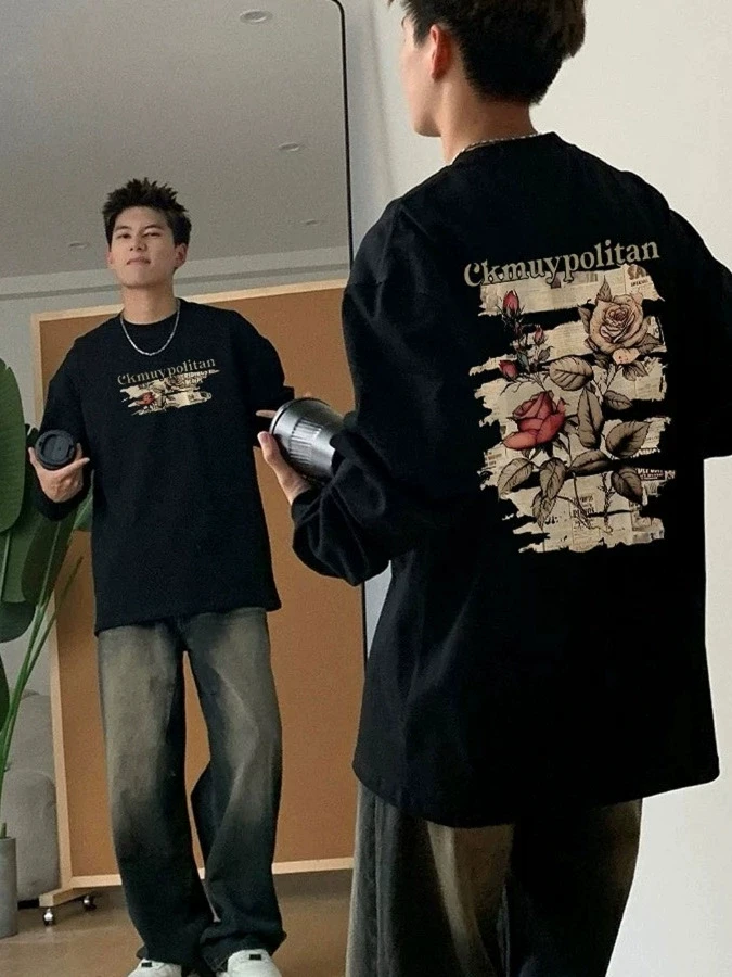 重磅纯棉罗口长袖美式高街t恤秋冬潮牌宽松休闲男生百搭打底衫