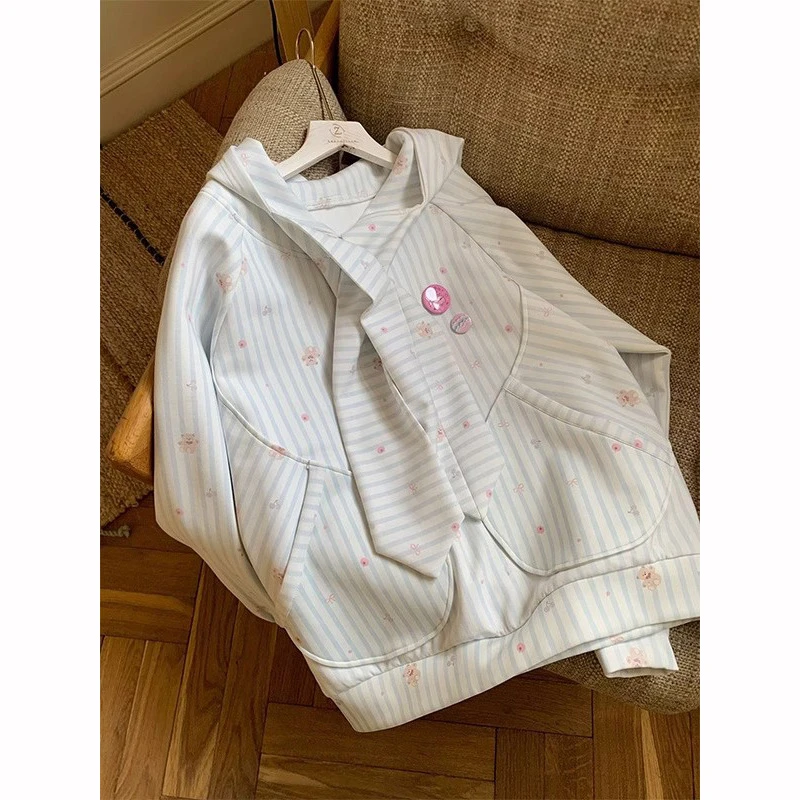 胖mm大码300斤美式复古满印条纹连帽卫衣女秋季2025慵懒休闲外套