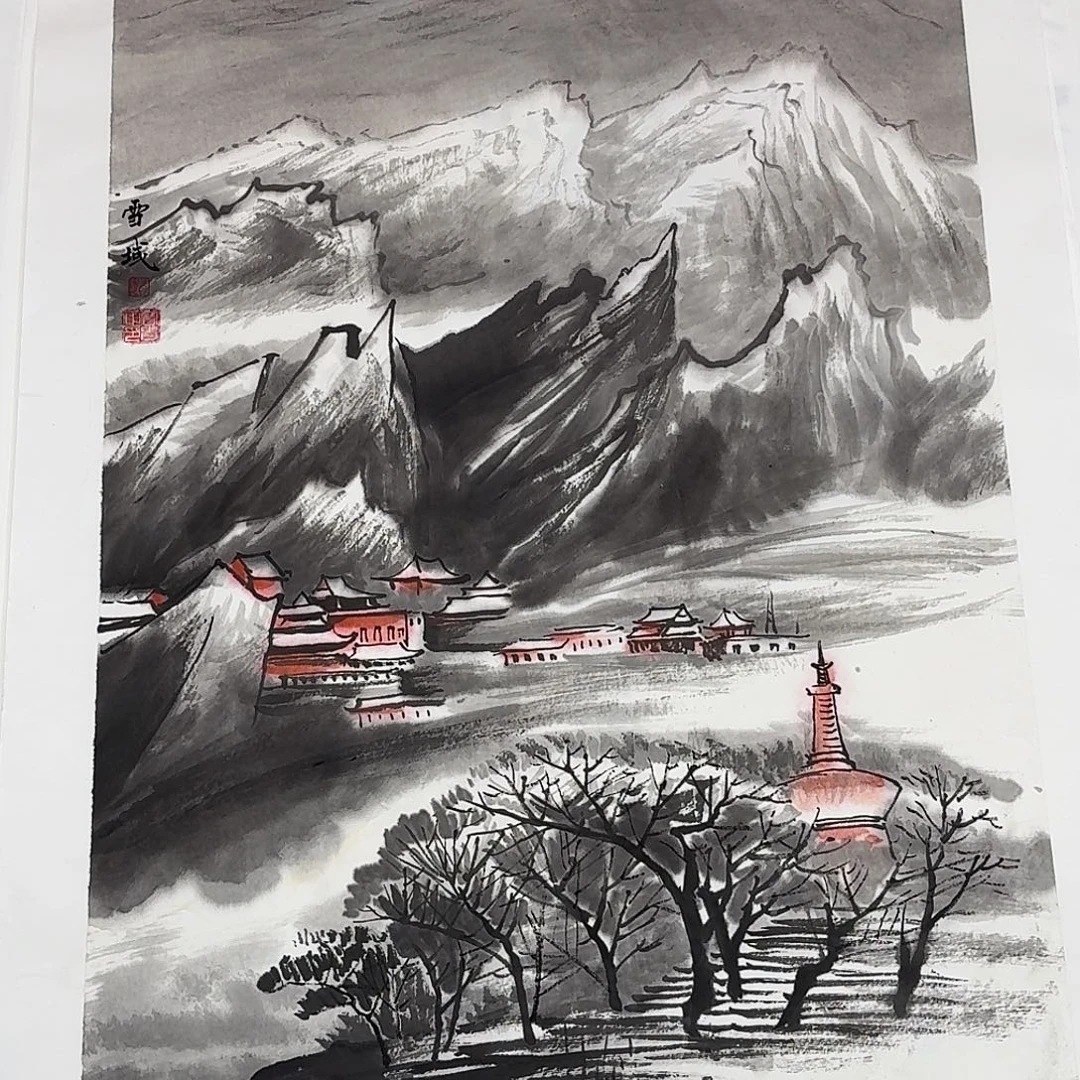 国画四尺三开山水一张