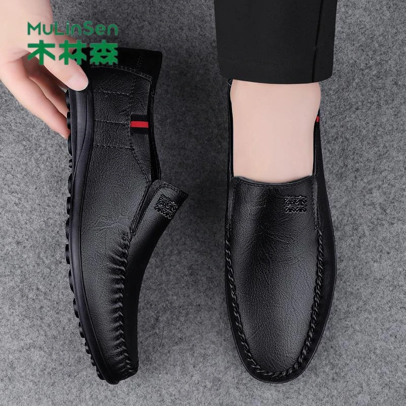 木林森男鞋秋季软皮软底一脚蹬皮鞋真皮休闲鞋懒人驾车豆豆鞋男