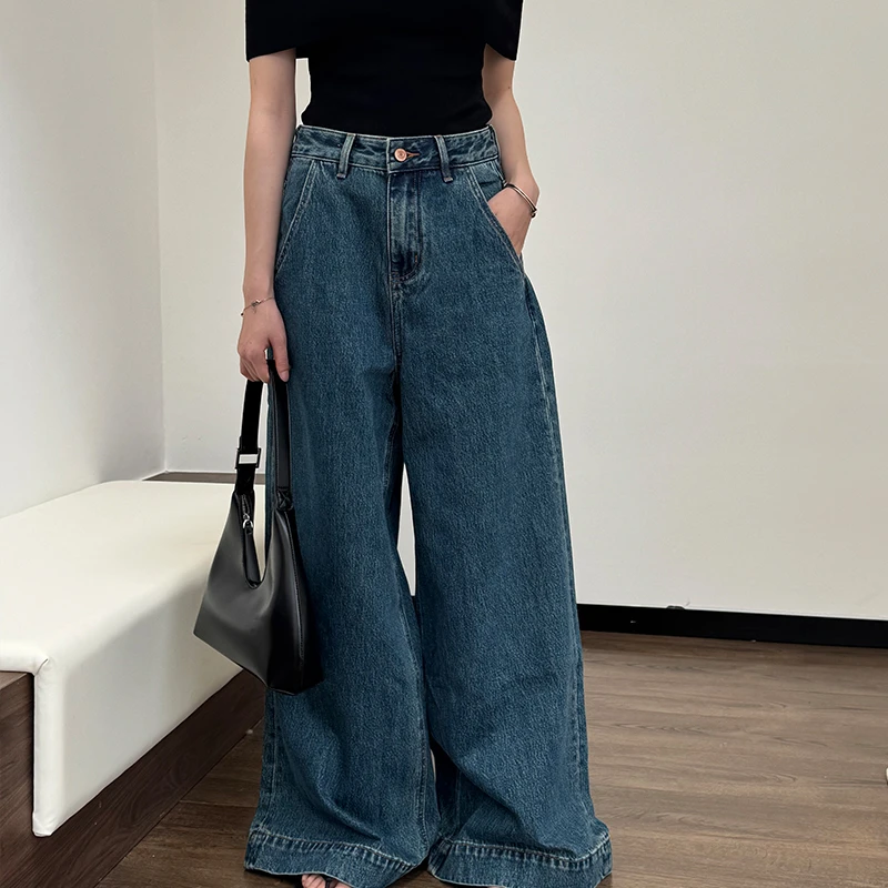 春秋无弹大阔腿牛仔裤显瘦宽松高腰设计感