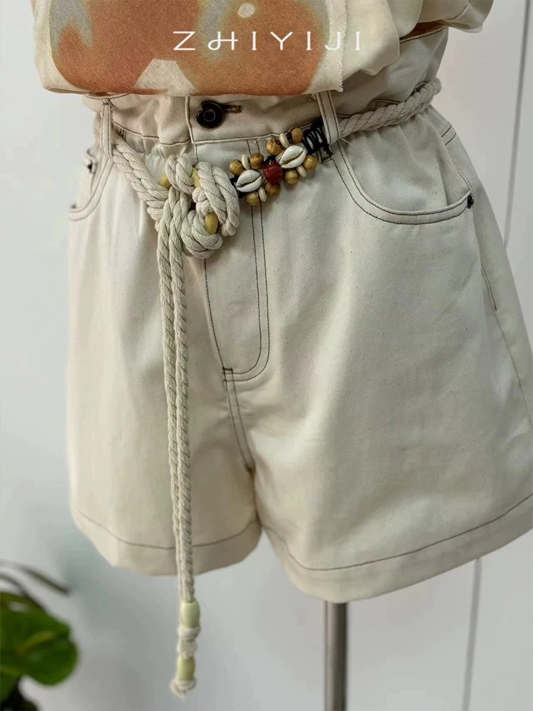 专柜品质高腰明线度假风牛仔短裤 带腰带时髦调性直筒米色短裤