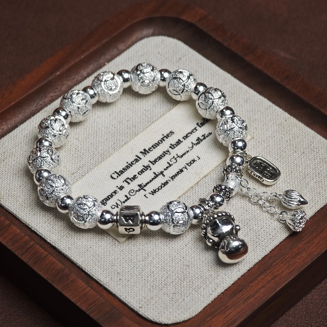 足银手链 莲花佛六字真言转运珠弹力绳百搭手链