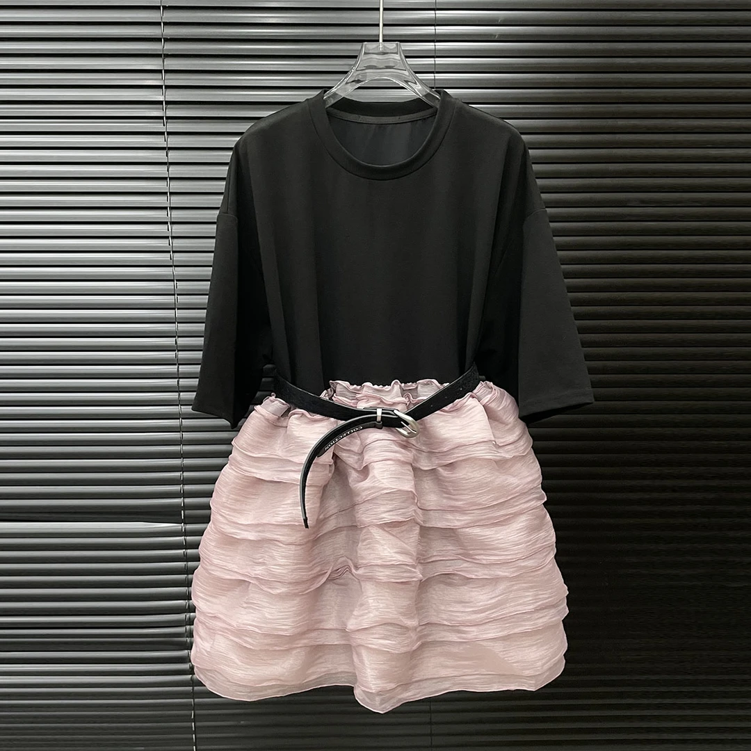 付新博女装拼接蛋糕裙连衣裙女小众撞色网纱荷叶边蓬蓬短裙14861