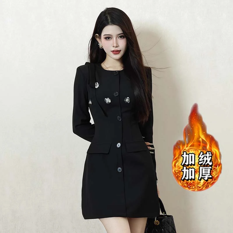 V【加绒加厚】黑色高级感法式名媛连衣裙女秋冬高级感DM0189