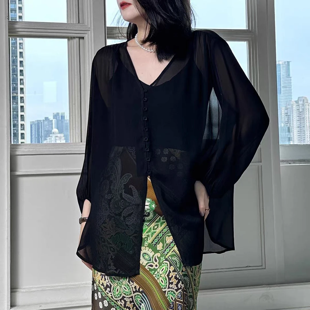 2025夏季新款乔其纱慵懒风微透防晒衬衫女透气显瘦百搭中长上衣