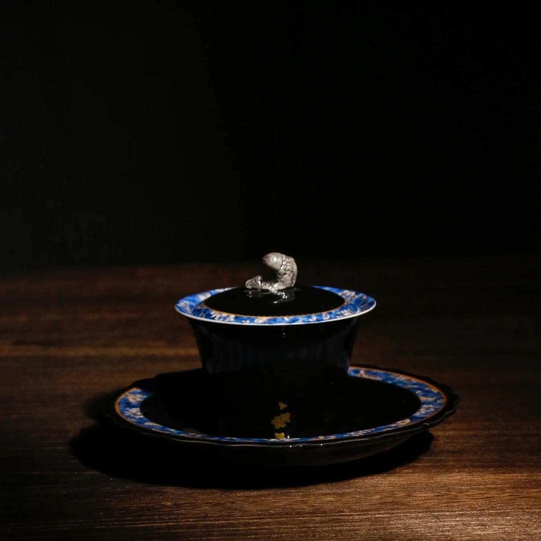 时节 玄黑釉梦蝶三才盖碗