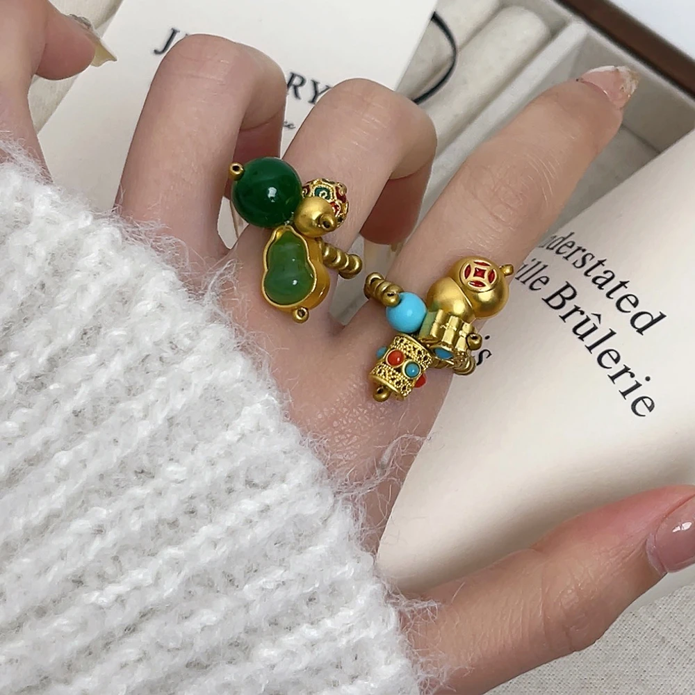 铜合金戒指 中古风百搭戒指小众串珠竖葫芦指环中国风复古食指戒