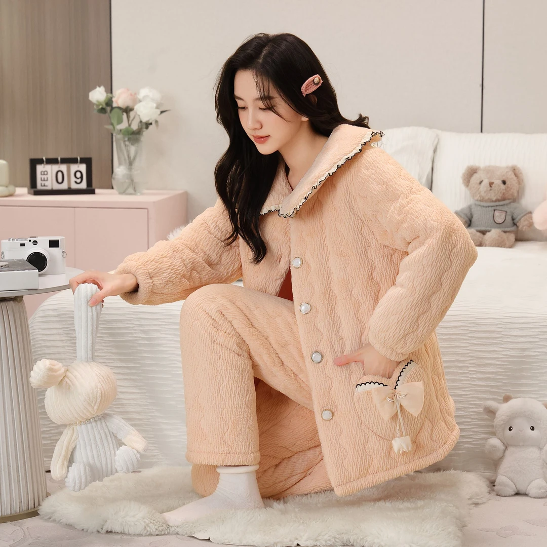 【蛋糕绒爱心】秋冬季三层夹棉加厚蛋糕绒睡衣女保暖家长袖居服套装