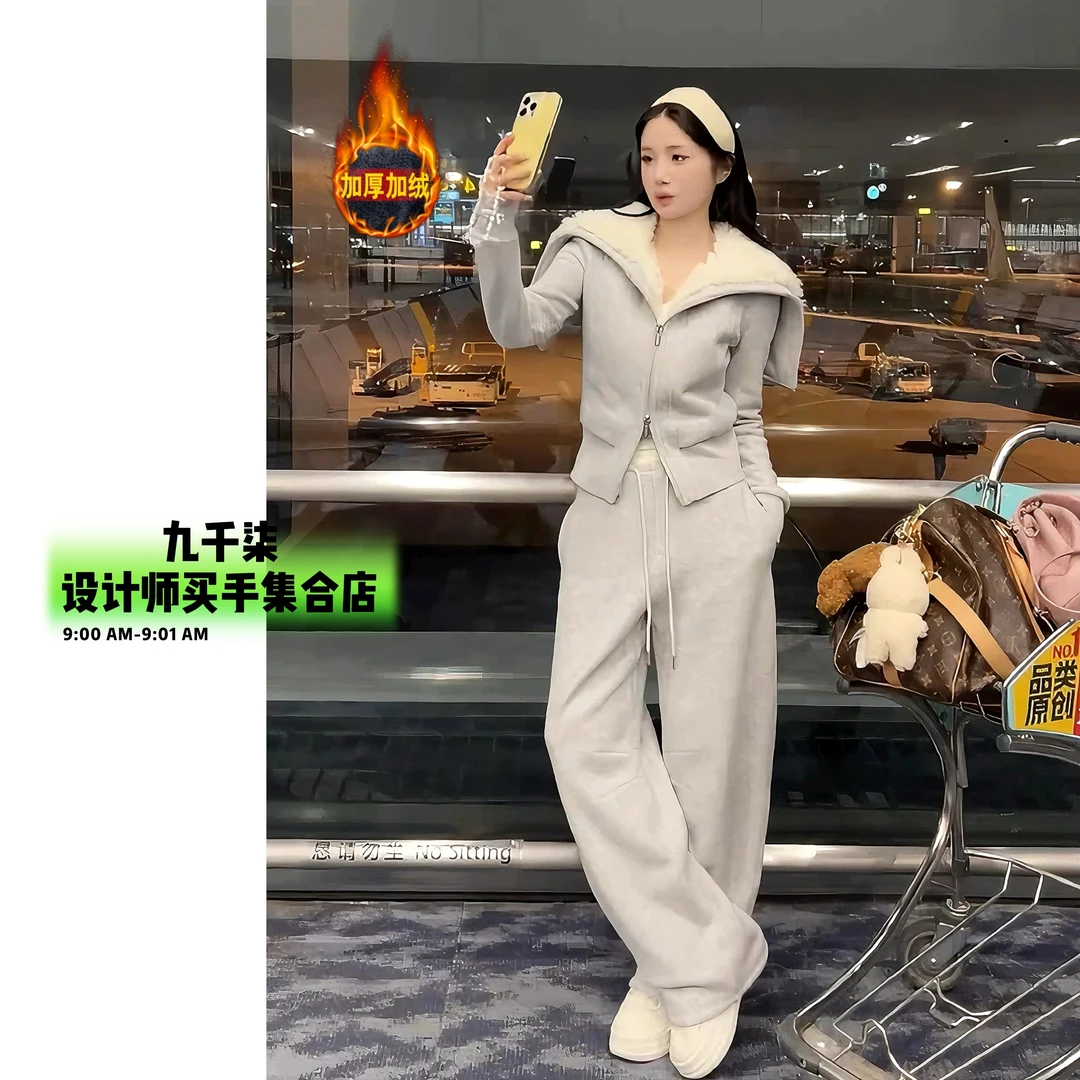 加绒加厚休闲运动风长裤套装新款拉链开衫灰色简约风卫衣两件套