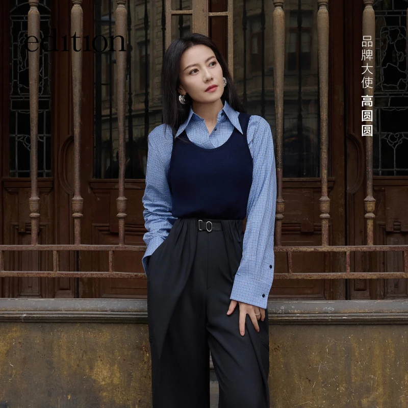 【高圆圆同款】edition2025春季新款蓝白格纹长袖衬衫#EBE1SHT021