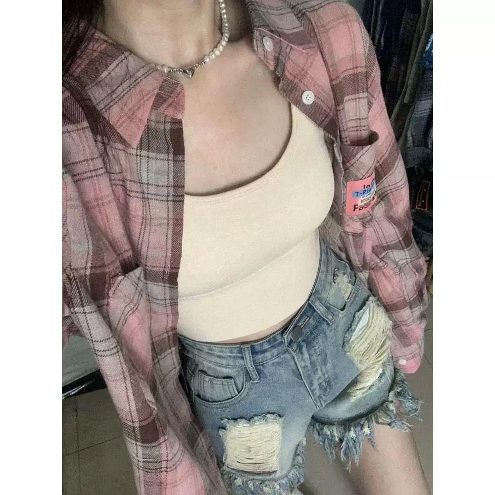 女士春秋薄款美式复古格子衬衫外套宽松慵懒防晒开衫