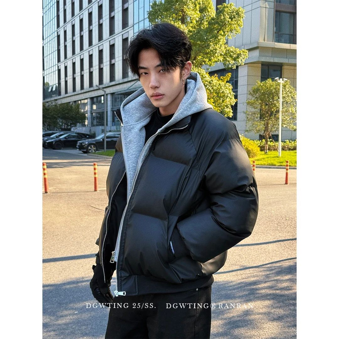 DGWTINGPU皮假两件冬短款连帽冬季男士潮流棉衣保暖棉服