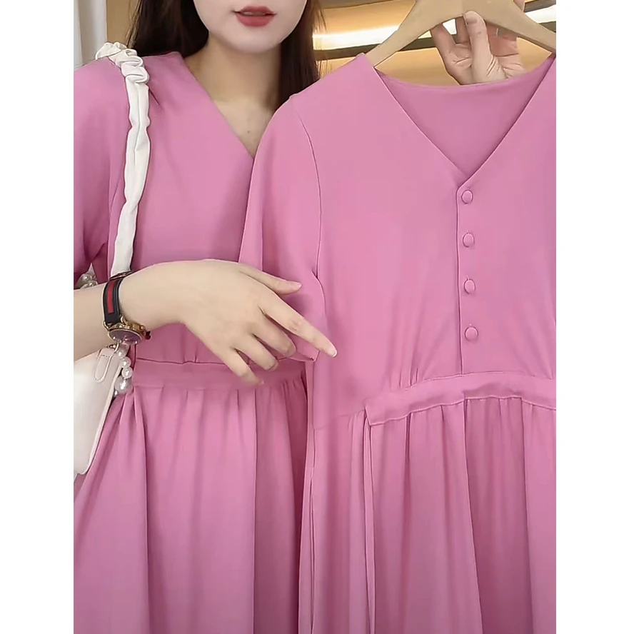 【9030-简约主义】2025新款韩版V领收腰显瘦中长款宽松连衣裙